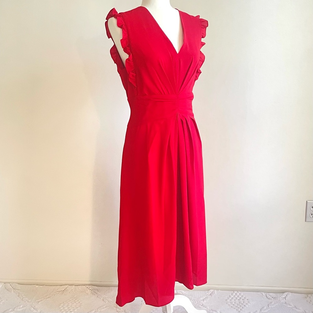 Maggy London V-Neck Hi-lo Midi Ruffle Dress, Red size 12